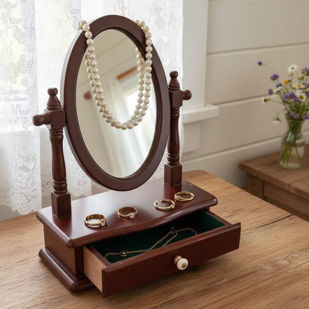 Vintage Style Vanity Mirror w Drawer-Traditional Tabletop-Mahogany Tone-Classic